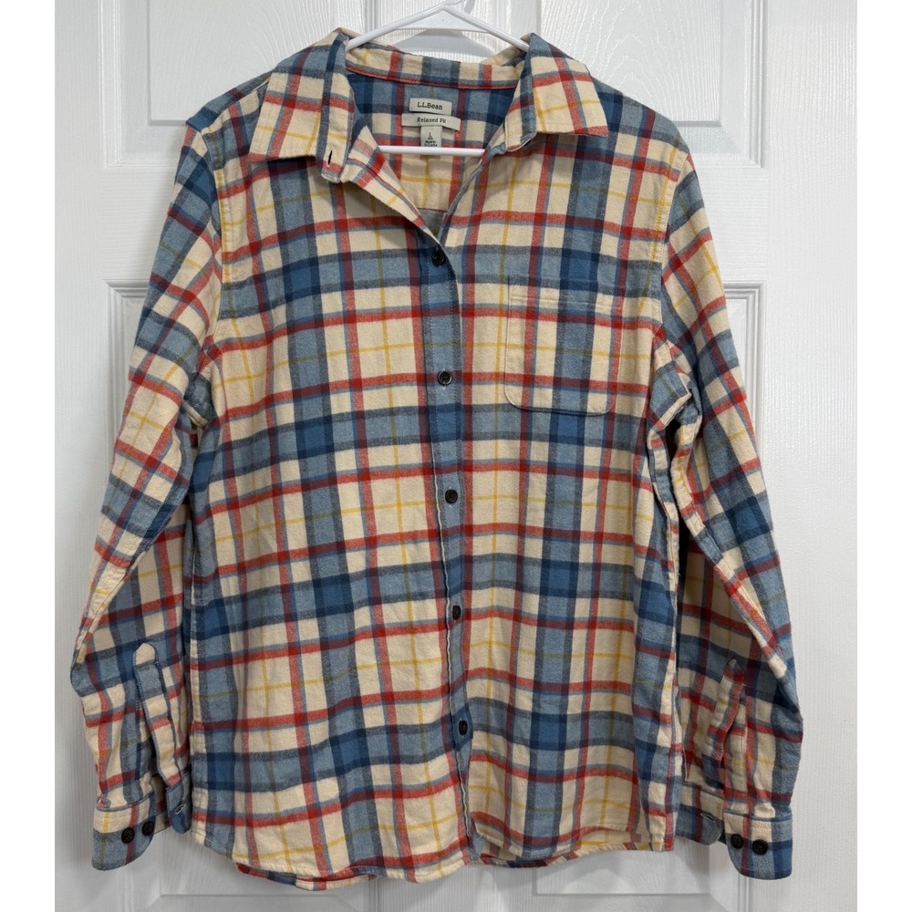L.L.Bean Women's Relaxed Fit Plaid Flannel Shirt Cream Blue Red Yellow Large L